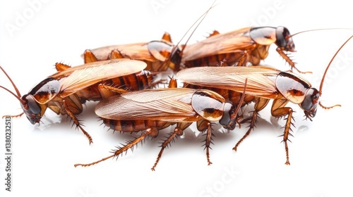 Four Cockroaches Clustered on White Background