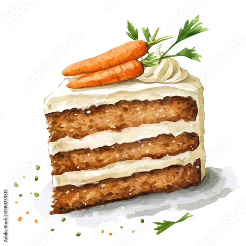 A watercolor vector of a carrot cake, isolated on a white background. Carrot cake vector

