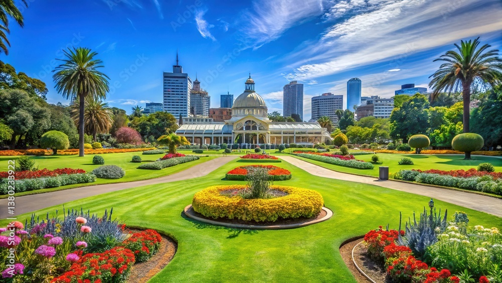 Naklejka premium Melbourne Botanic Gardens: Lush Greenery & Vibrant Flowers