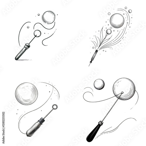 Bubbles in various styles with bubble wands illustrated  