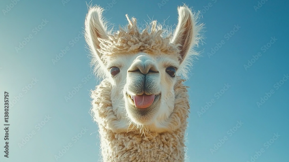 Obraz premium A fluffy llama looking towards the viewer with its tongue out