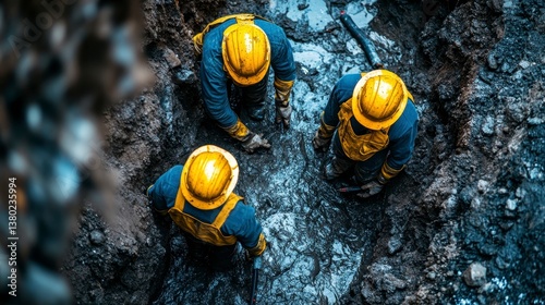 Workers in hard hats stand in trench, working outdoors, shot from above