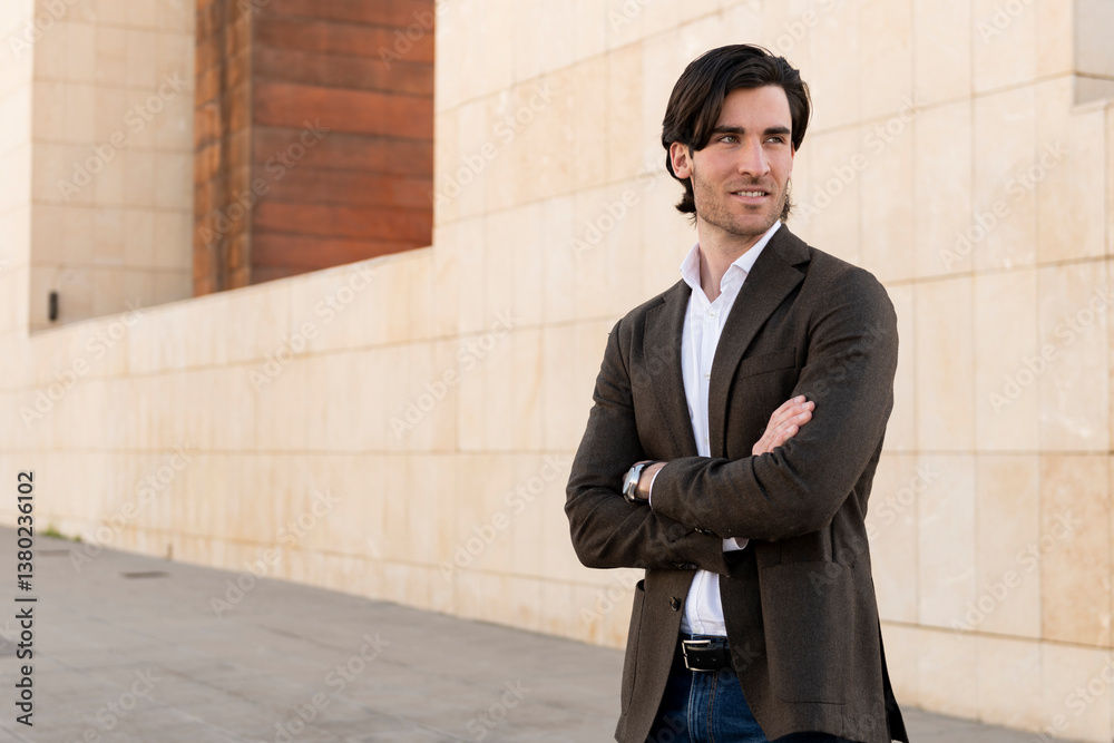 Thoughtful young businessman with arms crossed on footpath Thoughtful young businessman with arms crossed on footpath