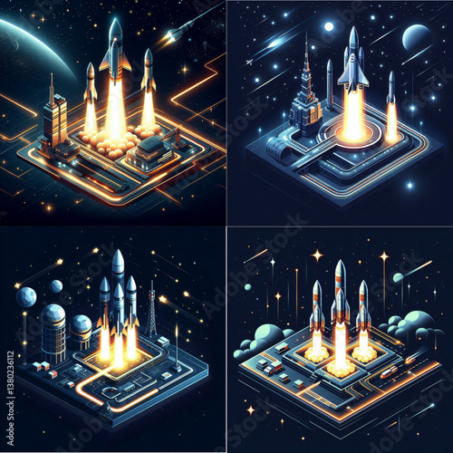 Futuristic rockets launching from a tech facility in space  