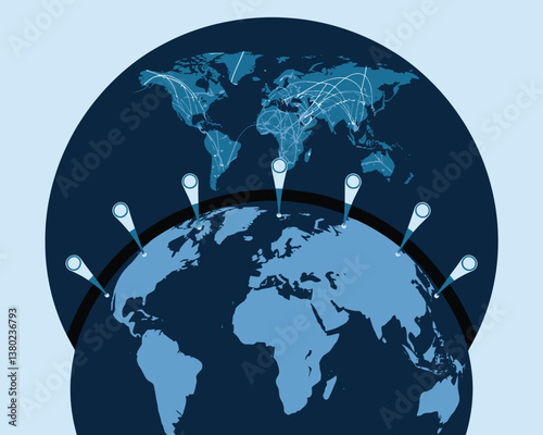 vector illustrative poster that celebrates global communication technology . Showcase a world travel by advanced communication systems.
