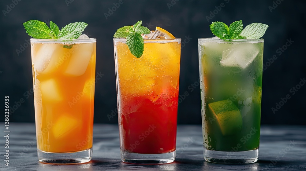A vibrant display of three refreshing drinks, each garnished with mint leaves, showcasing colorful liquids and ice, perfect for summer enjoyment. A vibrant display of three refreshing drinks, each garnished with mint leaves, showcasing colorful liquids and ice, perfect for summer enjoyment.