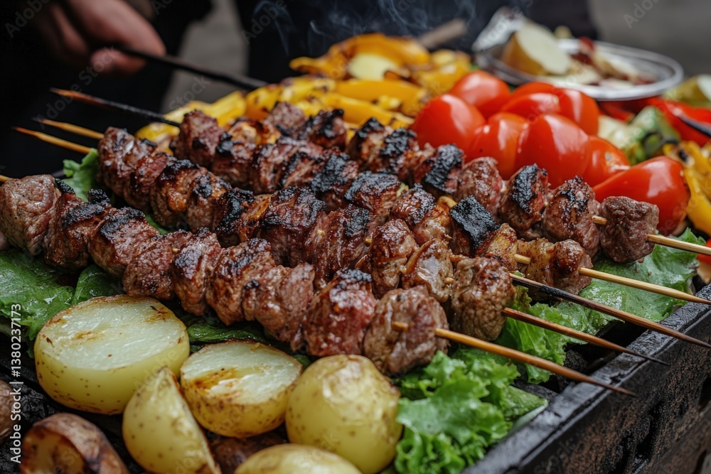 Closeup of a grill with meat skewers and fresh vegetables Closeup of a grill with meat skewers and fresh vegetables