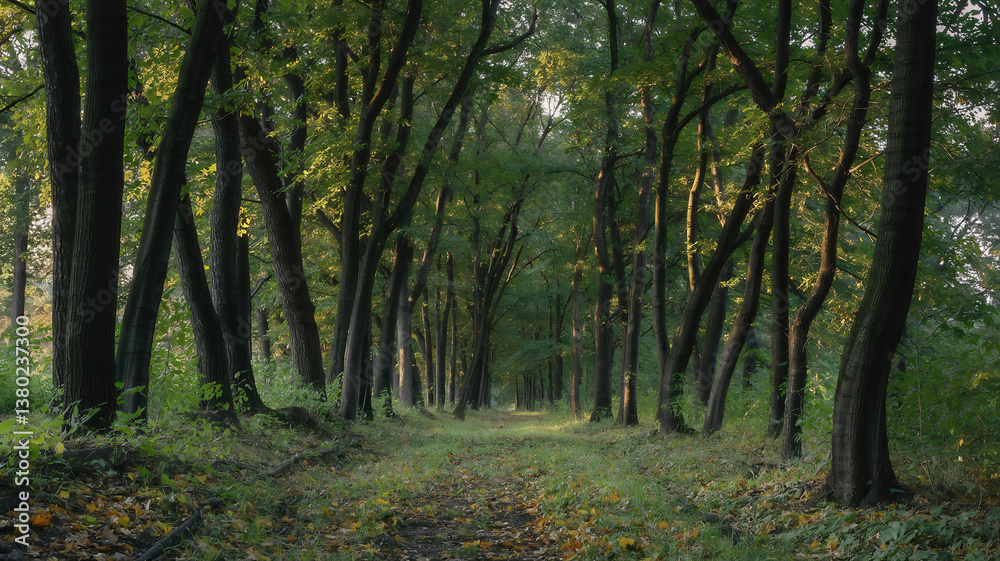 A dark forest during the day. The forest is filled with
tall, dark trees with twisted trunks. A dark forest during the day. The forest is filled with
tall, dark trees with twisted trunks.