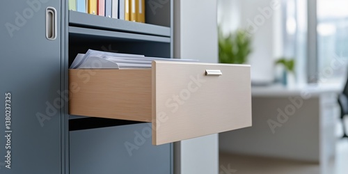 Obraz na płótnie A drawer is open in a room with a desk and a potted plant. The drawer is filled with papers and a book w salonie