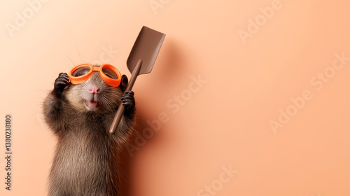 A playful animal wearing goggles and holding a shovel against a simple, warm-colored background.