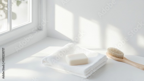 Minimalist bathroom scene with sunlight, bar of soap, towel, and brush on a white surface near a window.