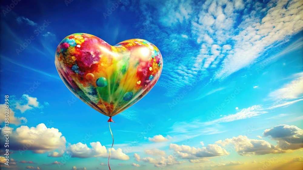 Fototapeta premium Vintage Heart Balloon, Colorful Summer Love, Valentine's Wedding Honeymoon, Blue Sky