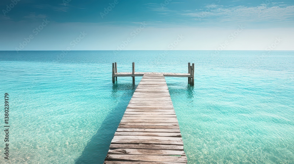 Fototapeta premium Idyllic island pier stretching out into a glassy turquoise ocean, peaceful summer morning scene