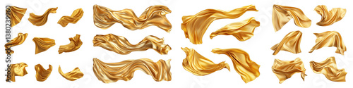 Flying golden silk fabric or curtain isolated on transparent background. PNG ,Set of