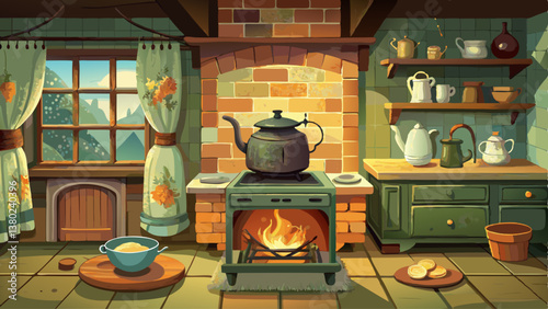 A vintage cast-iron stove with a steaming kettle, creating a cozy atmosphere in a rustic kitchen.