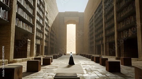 In a grand monumental library rows of books hold the knowledge and history of a bygone era  This archive the last vestige of a once thriving civilization is now entrusted to the preservation of AI