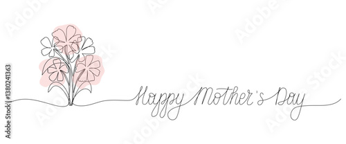 Happy Mother's Day one line art banner template. Abstract pink Flowers bouquet in outline drawing for greeting card, poster, posts. Continuous editable stroke.