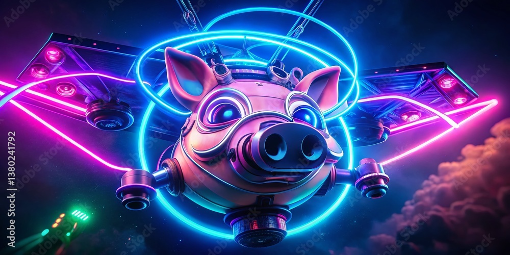 Drone Shot: Neon Pig Head Logo - Bright Glowing Design Element Drone Shot: Neon Pig Head Logo - Bright Glowing Design Element