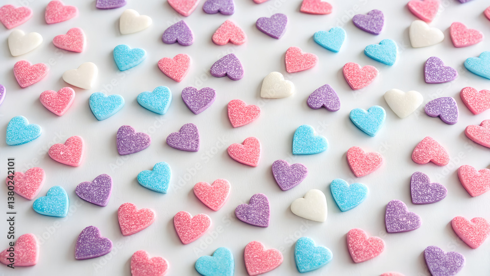 Fototapeta premium Colorful heart-shaped candies are scattered across a white surface
