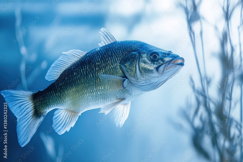 Fototapeta premium An isolated fish swimming elegantly through a tranquil blue water scene