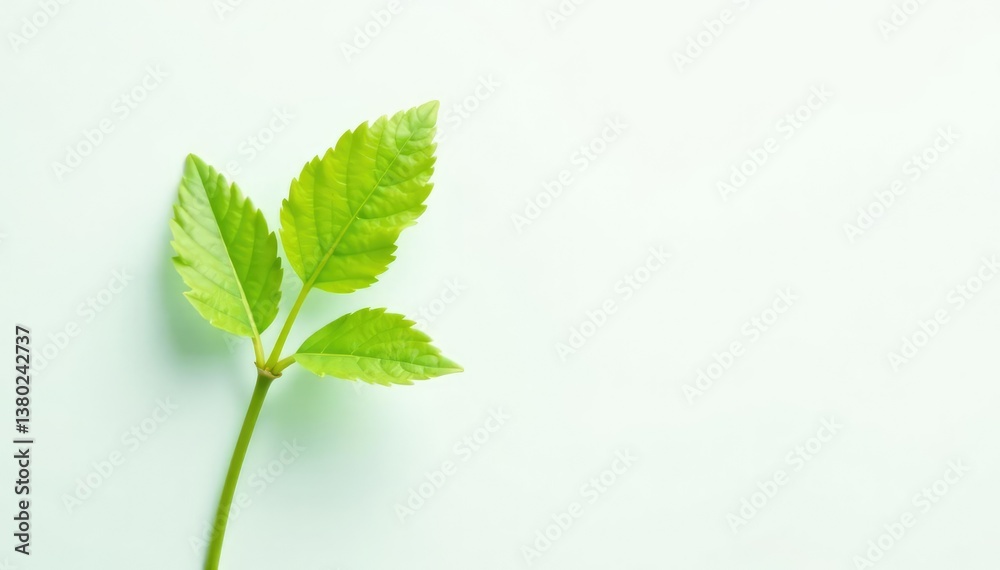 Fototapeta premium Single, delicate sapling, vibrant green leaves against pure white , tiny, illustration
