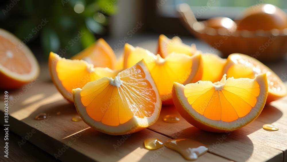 Juicy Orange Slices on Wooden Board with Honey
