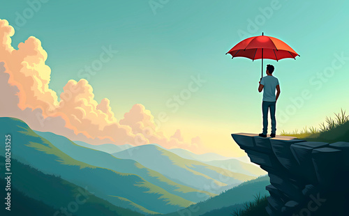 Silhouette of a person holding a red umbrella standing on a cliff overlooking mountains at sunset