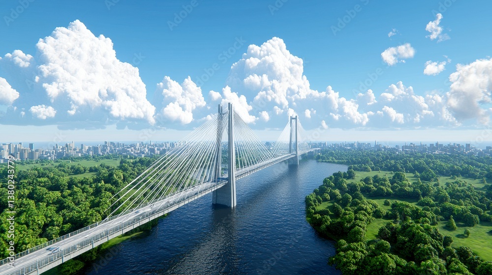 Obraz premium Modern Cable Stayed Bridge over River, Cityscape Background