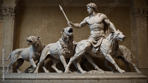 A statue of Meleager, wielding a spear, leading his hounds in pursuit of the monstrous Calydonian boar photo