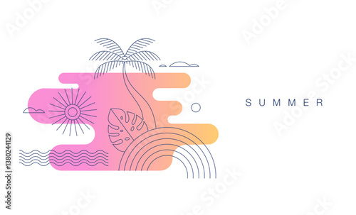 Minimalist summer concept design with color gradient. Linear simple, modern style. Summer background with palms, beach, sea and sun illustration