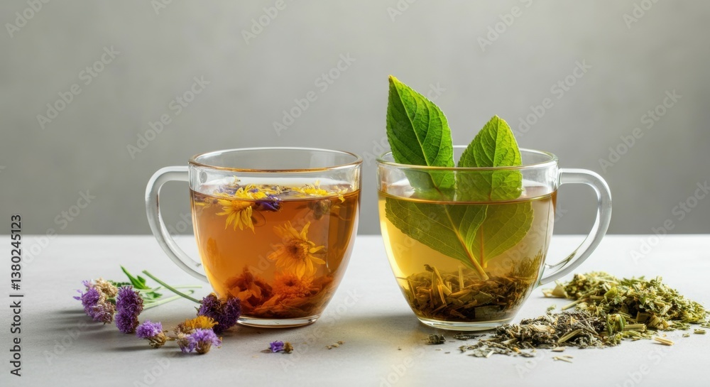 Herbal teas with chamomile and mint leaves in glass cups on gray background Herbal teas with chamomile and mint leaves in glass cups on gray background
