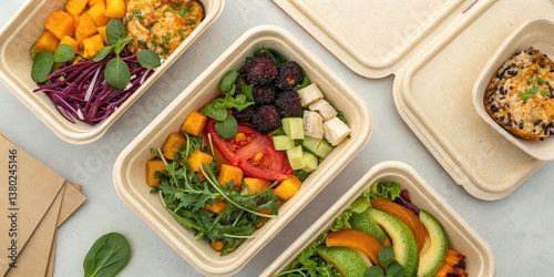 Eco-Friendly Consumer Practices Concept. Takeout containers made from compostable materials arranged in a flat lay style.