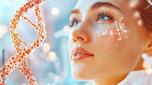 Beauty of Science: A captivating portrait features a woman in a close-up, with a DNA strand in the forefront, set against a backdrop of ethereal light and bokeh.