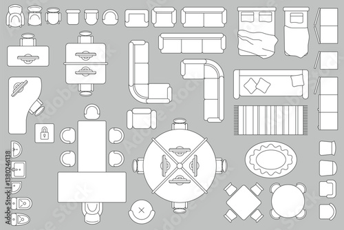 Furniture outline top view. Floor plan icons set for design interior and architectural project. Furniture thin line icon in top view for layout.