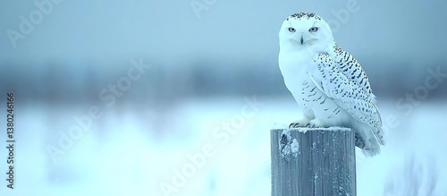 A beautiful white owl perches serenely atop a wooden post