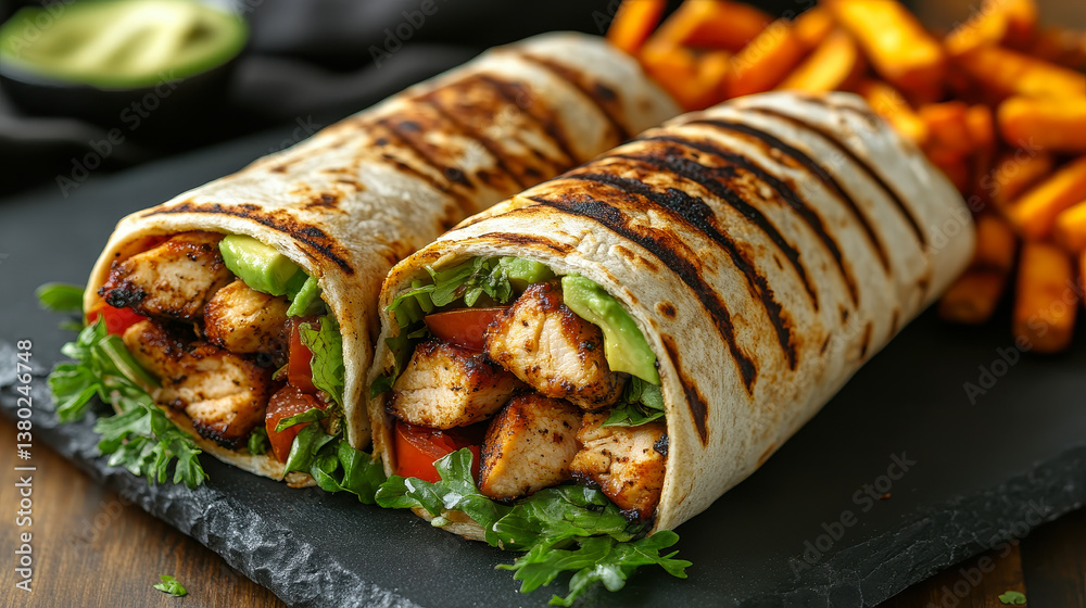 Grilled Chicken Wrap with Avocado and Tomato Served with Sweet Potato Fries on Slate Plate Grilled Chicken Wrap with Avocado and Tomato Served with Sweet Potato Fries on Slate Plate