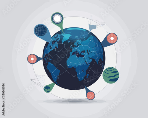 vector illustrative poster that celebrates global communication technology . Showcase a world travel by advanced communication systems.
