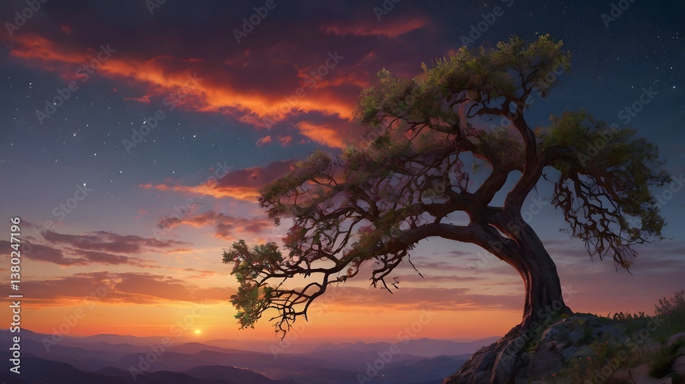 Majestic Sunset Tree Mountain Landscape Starry Night