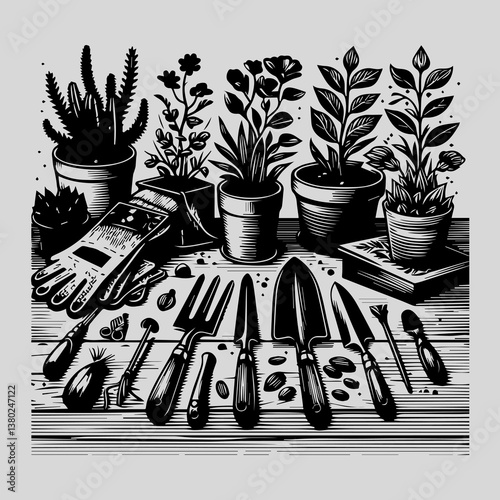 Vintage Gardening Tool Collection Silhouette. Classic Black and White Motif