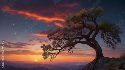 Obraz na płótnie Majestic Sunset Tree Mountain Landscape Starry Night w salonie