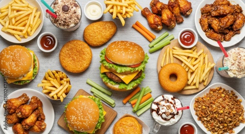 Artistic Fast Food Collage: Burgers, Fries, Wings, and Milkshakes