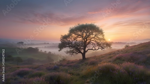 Sunrise Landscape  Solitary Tree in Misty Field of Flowers