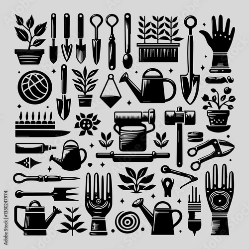 Vintage Gardening Tool Collection Silhouette. Classic Black and White Motif