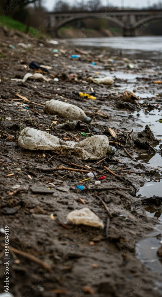 Fototapeta premium River pollution with plastic waste and garbage on muddy shore. Environmental disaster and water contamination. Ecosystem damage near urban bridge. Ecology problem.