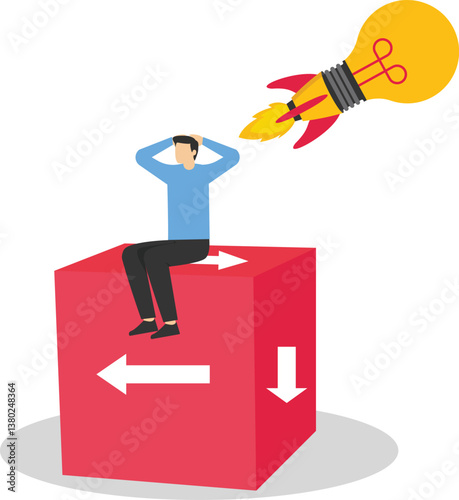 A man sits on a confused direction cube and the idea light goes off above his head, illustration for lack of ideas.

