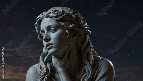 A sculpture of Euryale, the sorrowful sister of Medusa, weeping under the moonlit sky