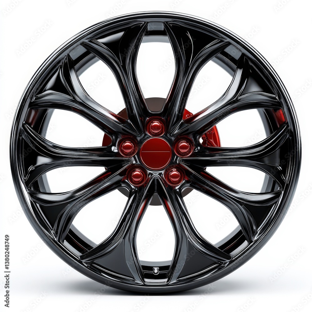 Fototapeta premium Black Glossy Wheel with Red Center on White Background