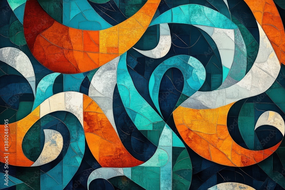 Fototapeta premium Mosaic-inspired digital painting with swirling motifs and fluid lines