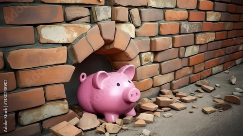 Piggy bank breaking rough a brick wall, making headway in business