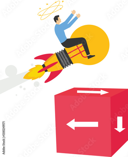 A man sits on a confused direction cube and the idea light goes off above his head, illustration for lack of ideas.

